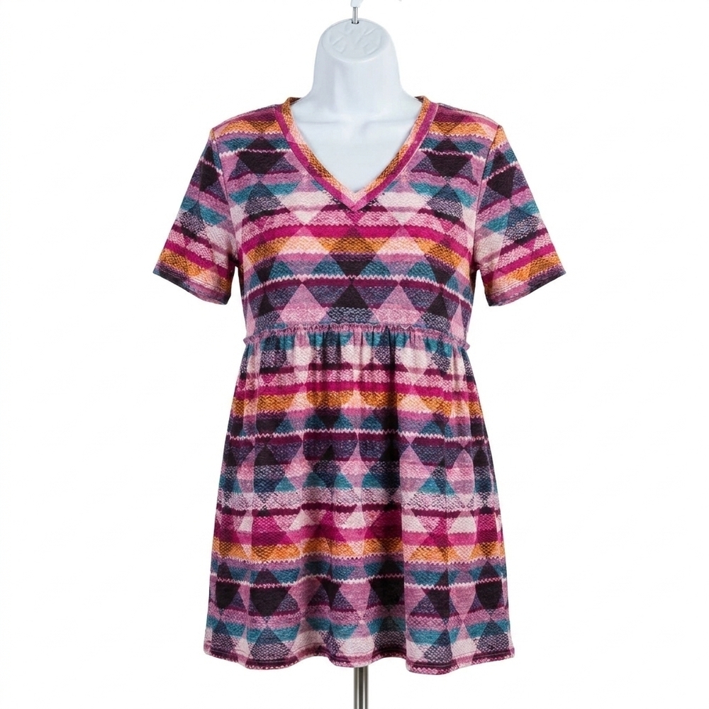 NEW HEIMISH USA aztec short sleeve v-neck top in multicolor